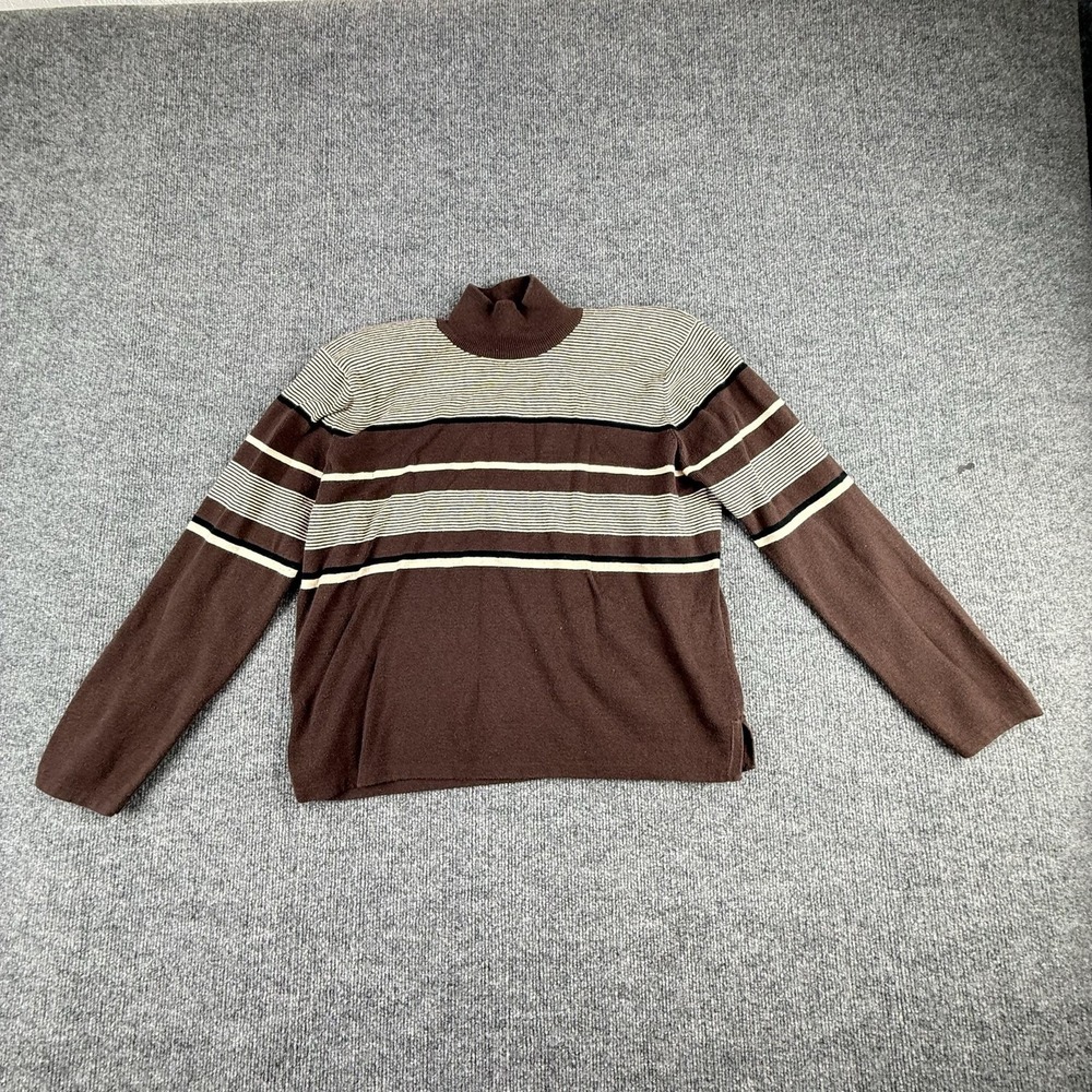 Jeanne Pierre Sweater Womens Medium Brown Striped Mock Neck Cotton Knit Pullover